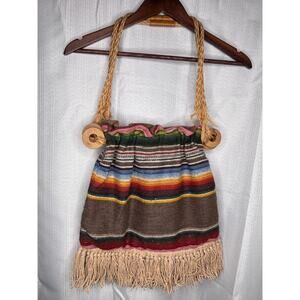Vtg Style Boho Shoulder Bag Striped Multicolored Fringed Wood Accent Jute Straps
